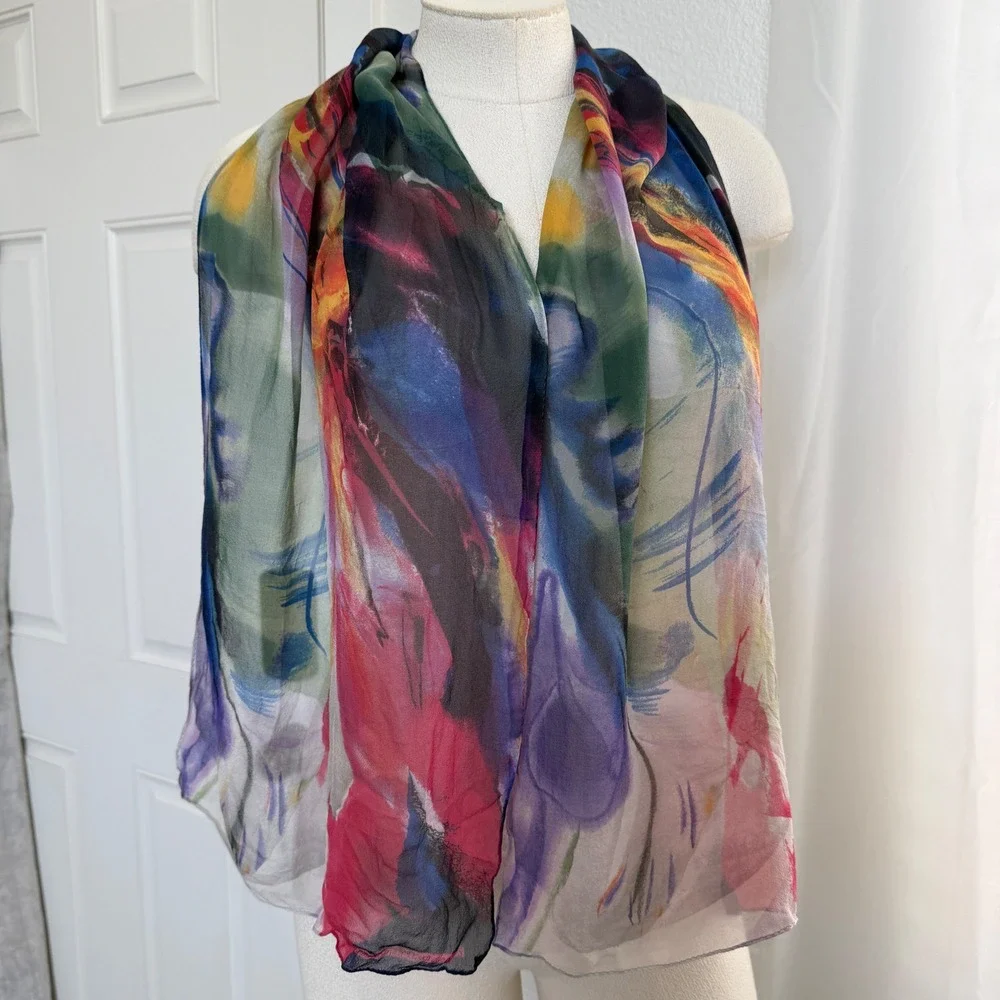 Silk Abstract Watercolor Sheer Chiffon Scarf Multi-Color Artistic Lightweight